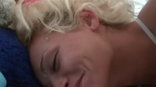 Perverted blonde bitch in red sex suit teases her freaky stud