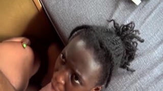 POV Horny black girlfriend gets hard nipples and goes down to road head!